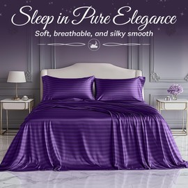 SLEEP SANCTUARY Satin Sheets King Size – 4 Piece Luxury Silky Bed Set, Softer Than Silk, 15" Deep Pocket, Cooling & Wrinkle-Free, Moisture-Wicking & Breathable for Hair & Skin (Striped Purple)