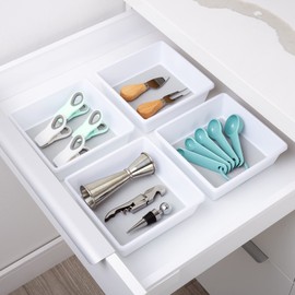 Smart Design Plastic Drawer Organizer - Set of 2-6.75 x 6.75 Inch - Non-Slip Lining and Feet - BPA Free – Utensils, Flatware, Office, Personal Care, or Makeup Storage - White and Gray