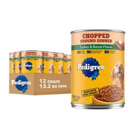 Pedigree Chopped Ground Dinner Adult Soft Wet Dog Food Turkey & Bacon Flavor, 13.2 oz. Cans 12 Count