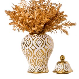 White and Gold Vase with Lid, Ginger Jars for Home Decor, Ceramic Flower Vase for Home, Kitchen, Bookshelf Decor, Storage jar, Table Center Vase, Centerpieces Jarrones(11in)