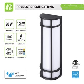 ASD LED Outdoor Wall Sconce Lighting 18 Inch 20W 1100LM Front Porch Light Fixture - 3000K/4000K/5000K Adjustable Color - Outside Wall Light 120-277V Non-Dimmable, Oil Rubbed Bronze, Energy Star & ETL