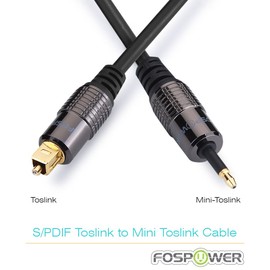 FosPower 24K Gold Plated Toslink to Mini Toslink Digital Optical S/PDIF Audio Cable with Metal Connectors & Strain-Relief PVC Jacket - 10ft