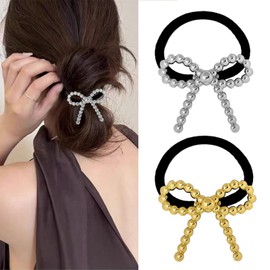 2pcs Metal Hair Ties, Metal Elastic Hair Ties Bowknot Hair Ties Bow Ponytail Holder Gold Silver Hair Ties for Thick Hair Bowknot Hair Scrunchies Elastic Hair Bands Hair Accessories for Women and Girls