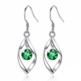 Zolkamery Silver Dangle Earrings for Women, 925 Sterling Silver Drop Earrings with Green 5A Zircon, Teardrop Twist Drop Earring, White Gold Hook Dangly Earrings mit Gifts Box for Ladies Girls Mother