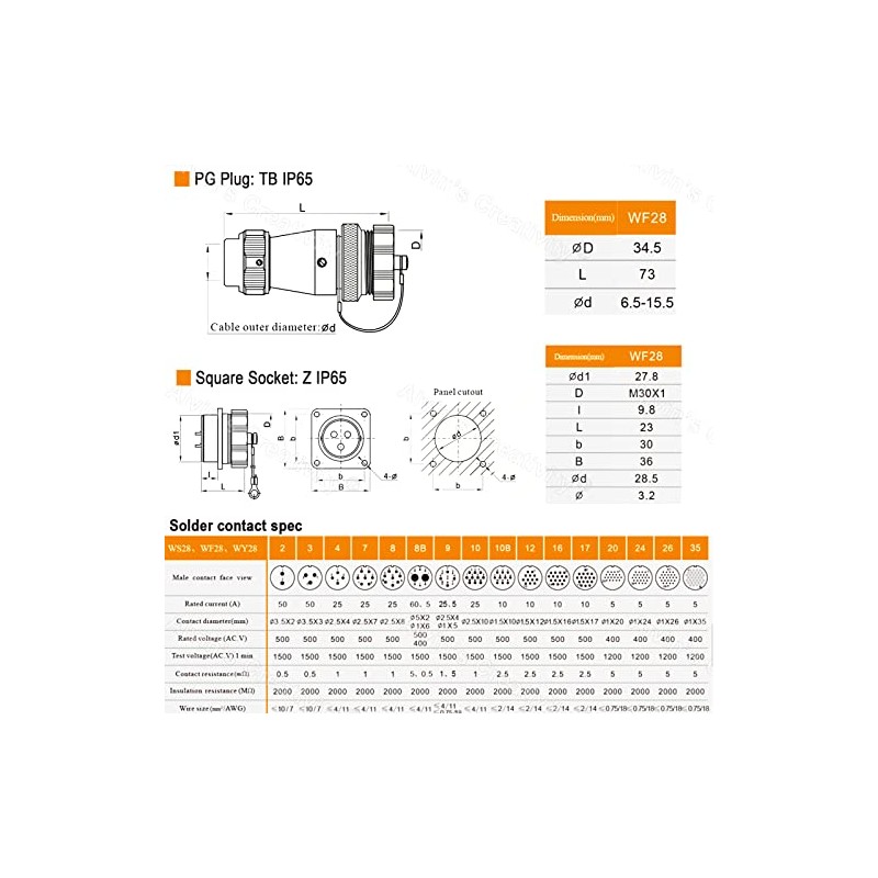 Alvins WF28 10 Pin Industrial Electrical Power Cable Connector,IP67 Aviation