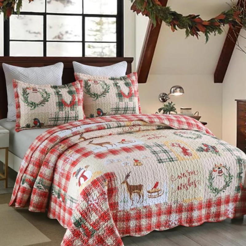 MarCielo Christmas Quilt Set Bedspread Set B021(Queen),Red