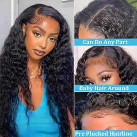 Human Hair Wig Deep Wave Real Hair Wig 13 x 4 Lace Front Wigs Human Hair for Women Human Hair Wig 180% Density HD Lace Closure Wigs for Women Glueless Natural Colour 22 Inches