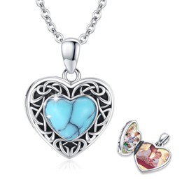 PARYFO Heart Locket Necklace for Women 925 Sterling Silver Turquoise Celtic Locket Pendant Necklace That Holds 2 Pictures Memorial Jewelry Gifts for Women Mom Daughter