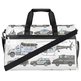 Police Car Dry Wet Depart Duffle Overnight Bag with Shoes Compartment & Wet Pockets, Policeman Motorbike Water Resistant Weekender Travel Gym Pouch For Swim Gymnastics Ballet Sleepovers