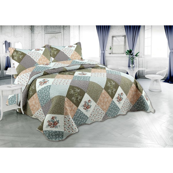 Marina Decoration Rich Printed Embossed Pinsonic Coverlet Bedspread Ultra Soft 3 Piece Summer Quilt Set with 2 Quilted Shams, Modern Diagonal Floral Plaid Pattern Queen/Full Size