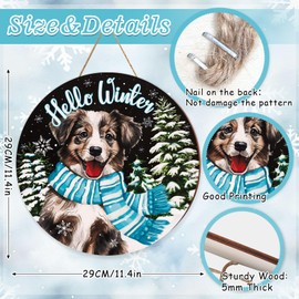 Whaline Christmas Winter Dog Wooden Hanging Sign Hello Winter Dog Pine Tree Snowflake Black Front Door Welcome Wood Sign Xmas Door Decor Sign for Indoor Outdoor Porch Wall