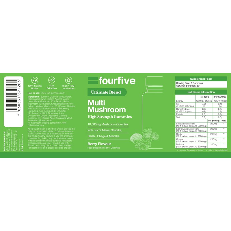 fourfive Multi Mushroom Gummies (10000mg) Ultimate Blend with Reishi, Lion's