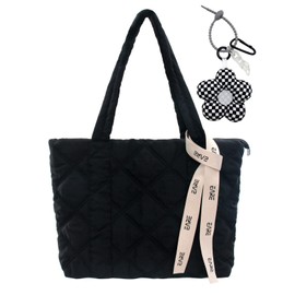 [boshiho] Quilted Tote Bag for Women with Zipper, Cute Lightweight Large Capacity Fluffy Nylon Mother's Bag, Simple Shoulder Bag for Commuting, School, Travel, Business Trips, Stylish Unisex, Black, S