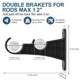 MUAKIOY No-Drill Double Curtain Rod Brackets, 6-Pack Black Self Adhesive Curtain Rod Holders Nail-Free, Double Rods Hooks Supports 1 to 1.2'' Drapery Rods for Living Room Bedroom