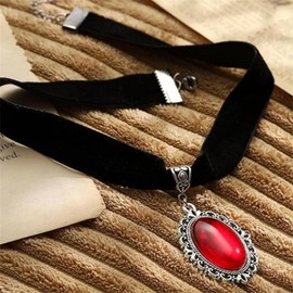 IS4U Gothic Velvet Necklace Vintage Stardust Crystal Cameo Necklace Punk Style Velvet Choker Red Crystal Pendant Necklace Victoria Satanic Devil Jewelry for Women (Red)