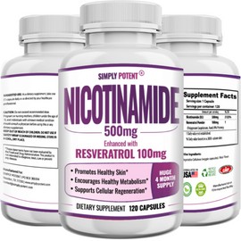 simply potent Nicotinamide 500mg w/ 100mg Resveratrol, Vitamin B3 Anti-Aging Support | 120 Cap