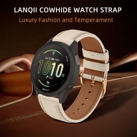 LanQii 20 mm Leather Strap for Garmin Forerunner 165/165 Music/245/645/Vivoactive 5/3/3 Music Replacement Strap, Soft Leather Watch Strap for Garmin Venu Sq 2/Venu 2 Plus/vívomove Trend/Sport/3, White