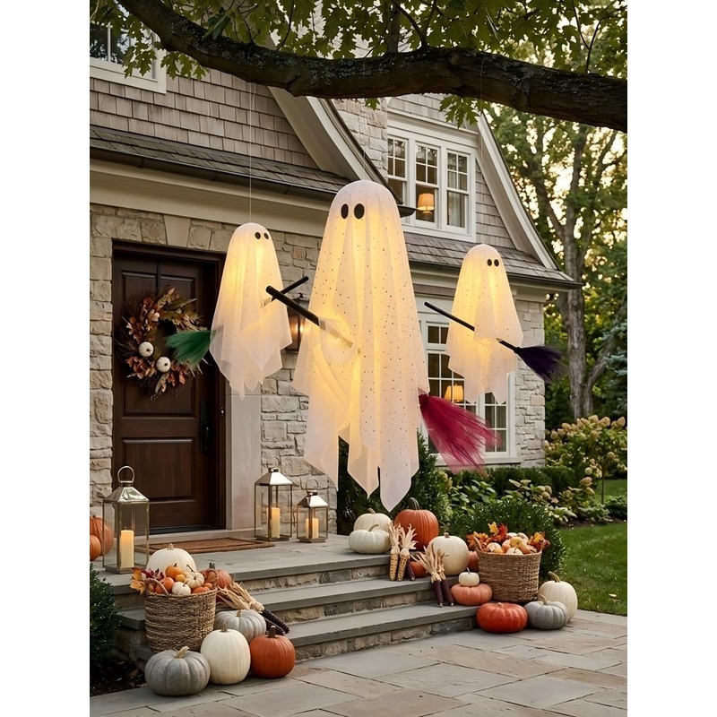 Halloween Decorations Outdoor, 3 Pack Hanging Light Up Ghosts on