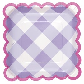 Unique 25534 Square Paper Plates-18 cm-Pastel Gingham Party-8 Count (Pack of 1), Multicolour