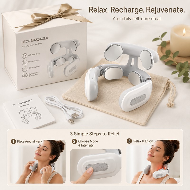Heated Neck Massager for Relaxation – USB Rechargeable 4-Head Shoulder