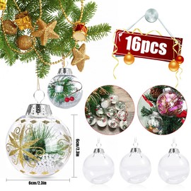 O-Kinee Clear Christmas Baubles, Pack of 16 Christmas Baubles, Tree Decorations, Christmas Baubles for Filling, Transparent Plastic Baubles, Christmas Tree Baubles for Filling as Christmas Tree