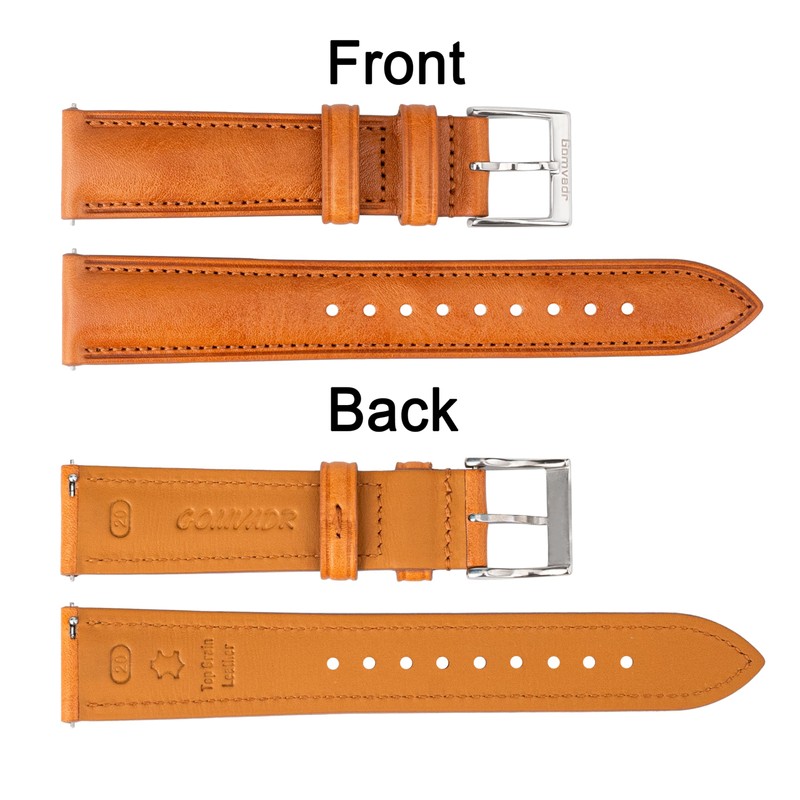 Gomvadr Quick Release Leather Watch Band, Tan/Silver Buckle, 22mm