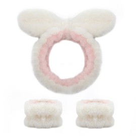 Soft Plush Headband and Wristband Set | Cute Rabbit Ears Design | Spa and Face Washing Accessories | Skincare Headbands Hair Band Women Facial Makeup Head Band (White, One Size)