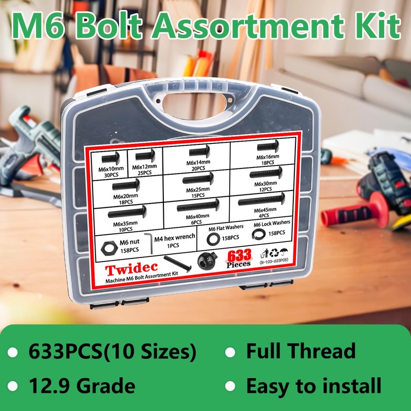 Twidec/633PCS M6 Bolt Assortment Kit 12.9 Grade M6x10/12/14/16/20/25/30/35/40/45mm Button Head