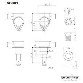 GOTOH NEW Gotoh SG301-EN01 L3+R3 Tuning Keys w/ Large EBONY Buttons Set 3x3 - GOLD