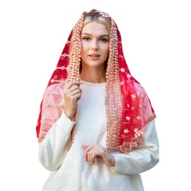 Maria Veils Catholic Mantilla Mass Infinity Veil Church Lace Veil Spanish Chapel Mass Head Covering Veil Long (Gold/Red)