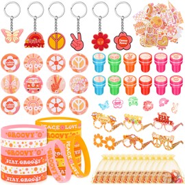 Sasylvia 122 Pcs Groovy Party Favors Retro Hippie Party Gifts Set Silicone Wristbands Keychains Badges Glasses Stickers Boho Stampers Gift Bags for Groovy Birthday Baby Shower Class Reward Supplies