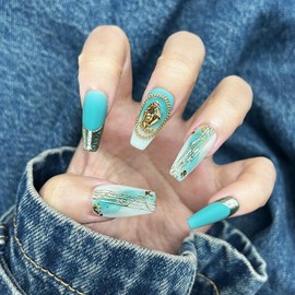 i-Laesh Press on Nails - Coffin Nails Handmade Hand-Painted - Medium Reusable Easy Application - 15 Piece Set - Muses