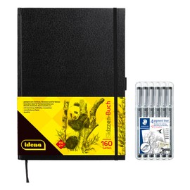 Idena 90345 Sketchbook DIN A4 with 160 Pages Blank Includes 6 Staedtler Fineliner Pigment Liner with Metal Tip in 6 Line Widths