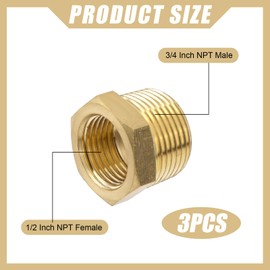 3pcs Brass Pipe Fittings, 3/4" NPT Male to 1/2" NPT Female Hex Head Bushing Adapter Brass Threaded Garden Hose Adapter, Connect Garden Hose to Pipe Fittings