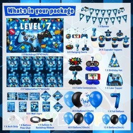 KOTLMIGHT 7th Birthday Decorations for Boys, 149Pcs Blue Video Game level 7 Party Supplies for Boy 7th Birthday - Backdrop, Banner, Balloons, Tablecloth, Centerpieces, Hanging Swirls, Wall Signs
