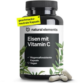 natural elements Eisen 20mg (aus Eisenbisglycinat) pro Kapsel – mit 42mg natürlichem Vitamin C – ﻿vegan, ﻿geschmacksneutral – 180 magensaftresistente Kapseln – Premium-Rohstoff: FerrochelTM (Eisen-Chelat)