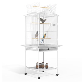 MoNiBloom 54 Inch Bird Cage w/Acrylic Door, Open Top Roof Birdcage for Finches Canaries Lovebirds Medium Small Parrots, Flight Birdcage w/Rolling Stand, White