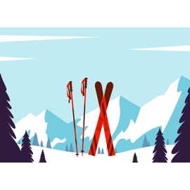 BELECO 8x6ft Fabric Cartoon Ski Resort Backdrop Red Ski Board and Trekking Poles Winter Snow Mountain Fir Trees Background for Winter Christmas Theme Party Decorations Photo Booth Studio Props
