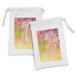 Ambesonne Nature Fabric Pouch Set of 2, Japanese Cherry Sakura Floral Artwork in Soft Color over Blurred Background, Small Drawstring Bag for Toiletries Masks and Favors, 9" x 6", Pink Green Yellow