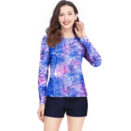 Davena Women Rash Guard Sun Protection Long Sleeve Swimsuits 2 Piece Bathing Suit with Bottom Swimwear with Built in Bra UV UPF 50+(Purple Multi Floral,L)