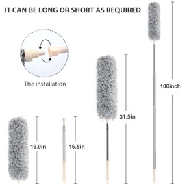 BLUEELF Microfiber Feather Dusters for Cleaning Tools with Extension Pole（Stainless Steel）,100’’ Extra Long Duster Ceiling Fan, Gap, Blinds, Furniture, Cars