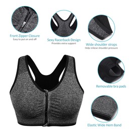 Graviar Sports Bra Front Zip Post Surgery Bra Removable Pads Women Running Yoga Tank Top Workout Fitness Grey M