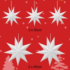 Pack of 5 Paper Stars Christmas Folding Stars Christmas Star Decoration 30 cm Stars Paper Christmas Folding Stars for Christmas Decoration, Room, Party, Living Room, White