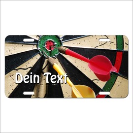 Dart Sign License Plate Type USA with Desired Text and Your Name, Aluminium Door Sign with German Text US Car Number Plate with Yellow Arrow