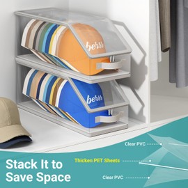 AOODA 2PCS Stackable Hat Storage for Baseball Caps, Clear Hat Organizer for Closet Holds up to 24 Caps, Men‘s Hat Box Display with Cardboard (Grey)