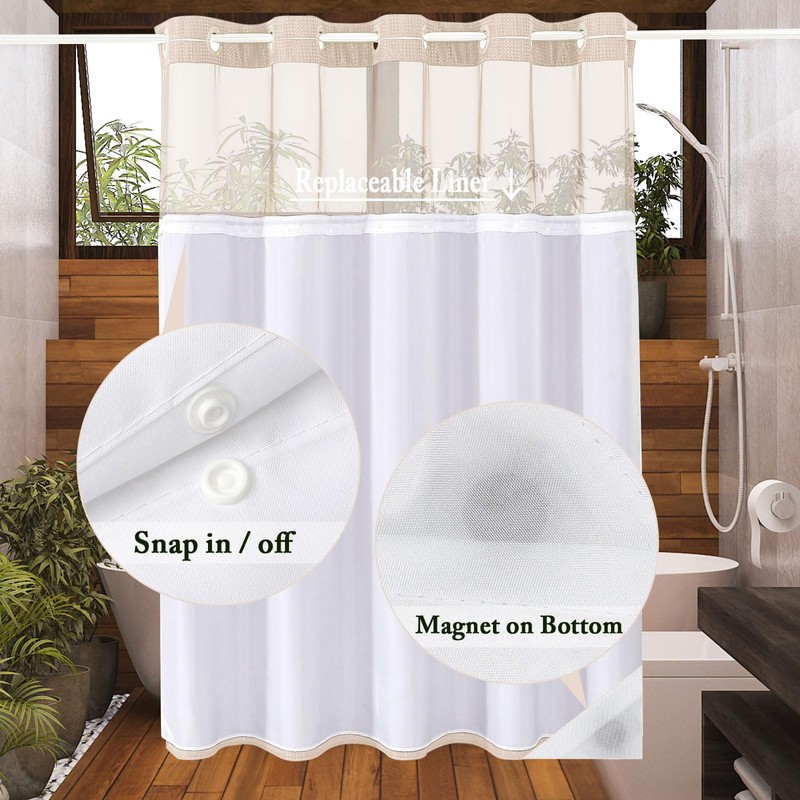 Gibelle No Hook Waffle Weave Shower Curtain with Snap-in Fabric