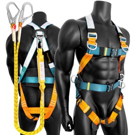 Ymachray Universal Full-Body Fall Protection Safety Harness with 5 D-Ring and Mating Buckle Legs | Tongue Buckle& Quick Release| Shock Absorbing Lanyard (OSHA/ANSI) (Reflective Full Body Harness)
