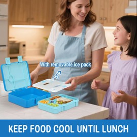 BEAQUEE Chill Lunch Box Kids, Leak Proof Adult Bento Box with Ice Pack, 6 Compartment Lunch Container with Utensils for Girl Boy Back to School, 5.5-Cup Capacity, Microwave Dishwasher Safe, BPA Free