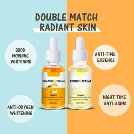 Tages- & Nachtpflege Set mit Vitamin C + Retinol, Anti-Aging Serum für strahlende Haut, Feuchtigkeitsspendende Serum-Kombination, Reduziert Falten & Pigmentflecken, Für alle Hauttypen