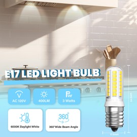 TobeBright E17 LED Microwave Light Bulbs Under Hood, 8206232A Under Microwave Light Bulb 6000K Daylight White Dimmable 3W 40W Equivalent 125V for Whirlpool GE Stove Hood Refrigerator, 2-Pack